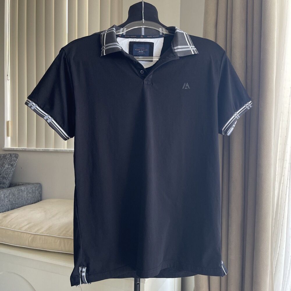 Marc Asher Polo Shirt Mens Black Geometric Jacquard Collar Stretch M